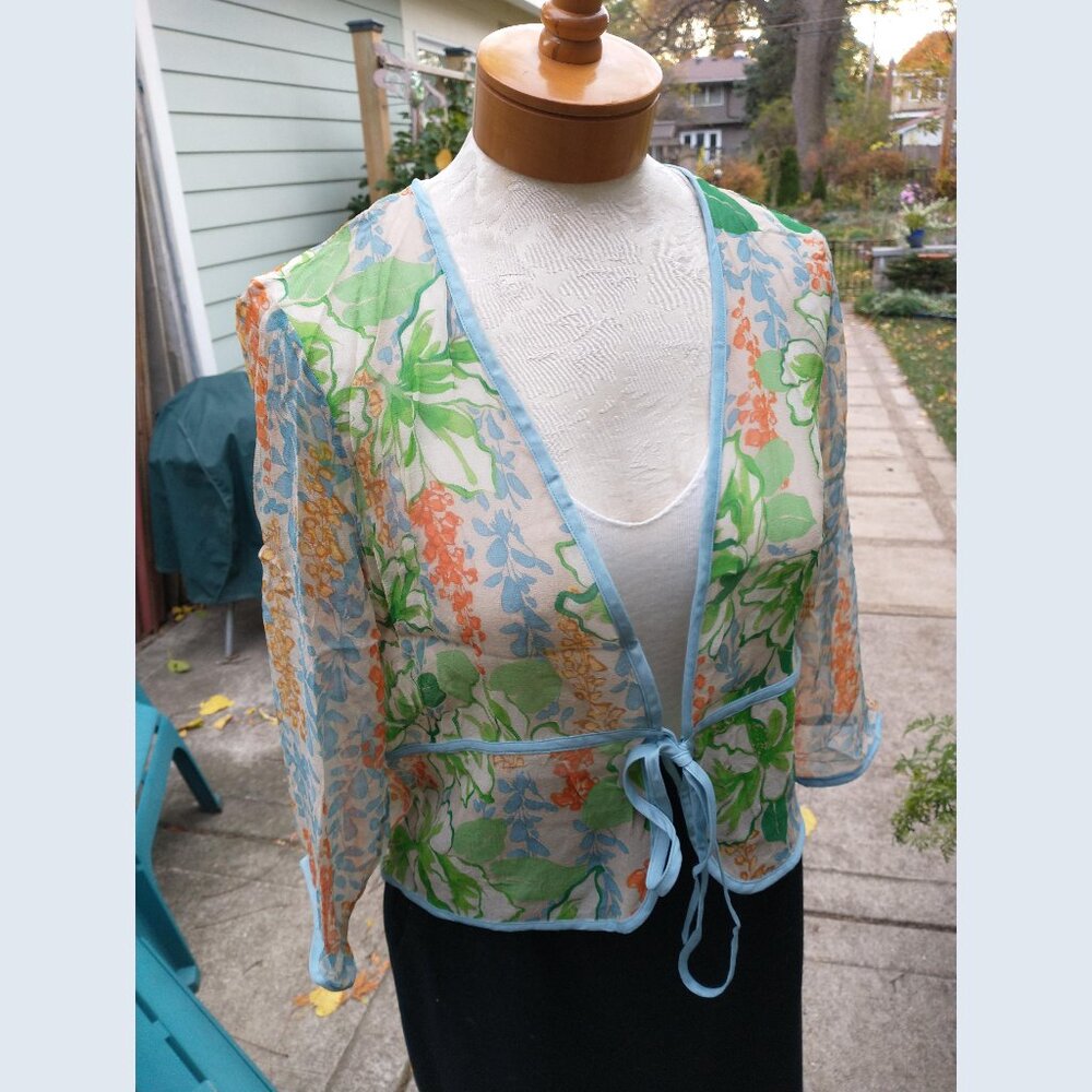 Blouse: Silk, natural/blue/orange/green, front tie. Size large - by Harari